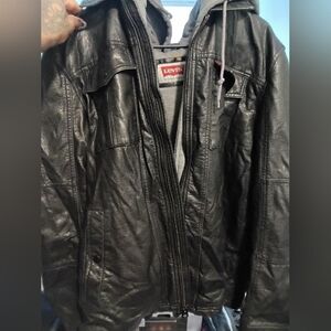 LEVIS Black Faux Leather/hoodie quilted Lined Trucker Jacket Hoodie Men XXL Ride